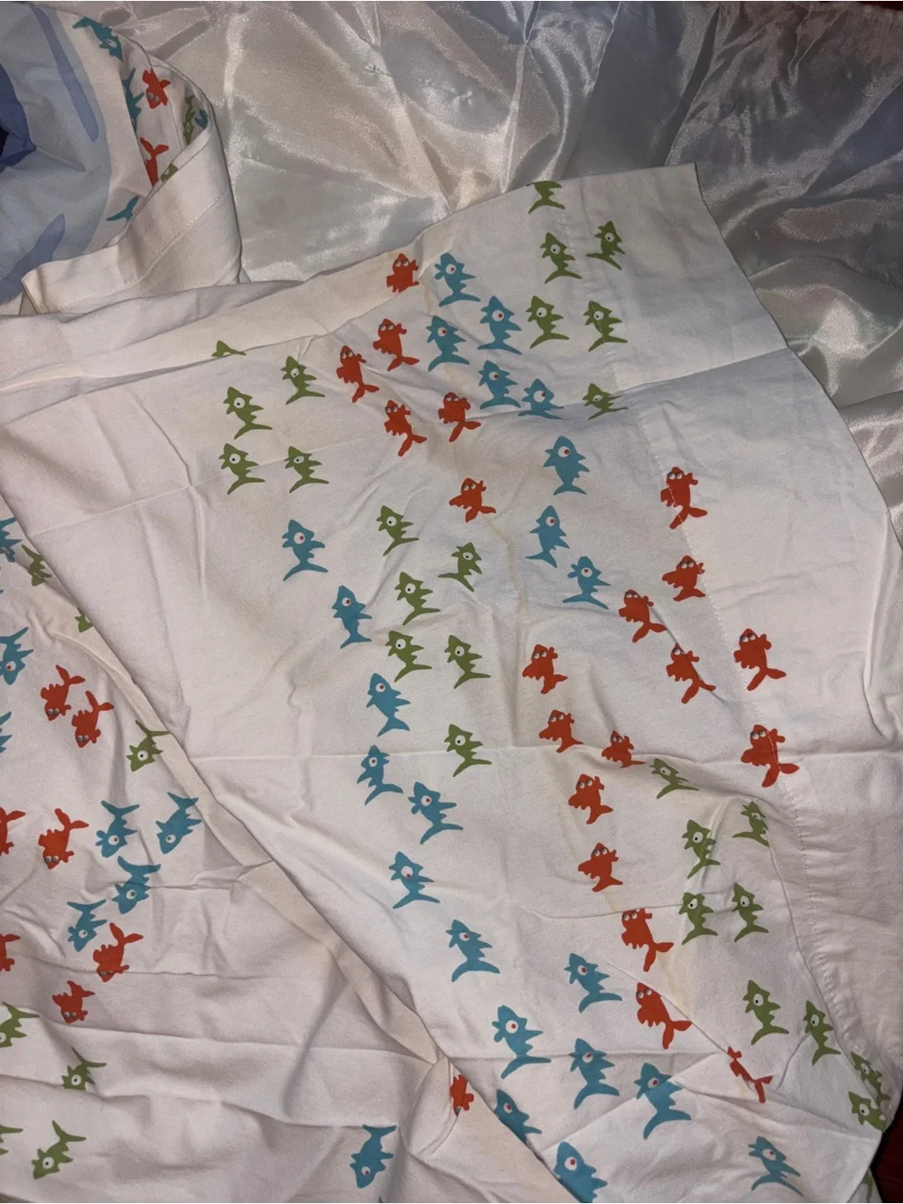 Pottery Barn Kids Blue Shark Shower Curtain with Multicolor Fish liner hooks set